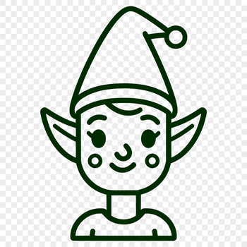 A simple line drawing of a smiling Christmas elf's head.