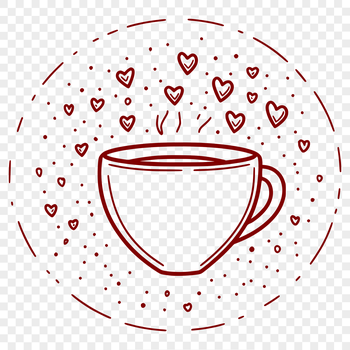 A minimalist illustration of a coffee cup with red and pink love hearts surrounding it.