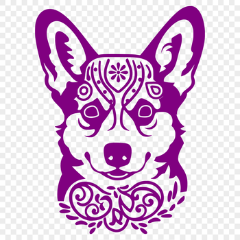 A stylized illustration of a corgi's head, rendered in vector format with intricate details.