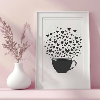 A simple illustration of a cup with decorative love hearts surrounding the rim.
