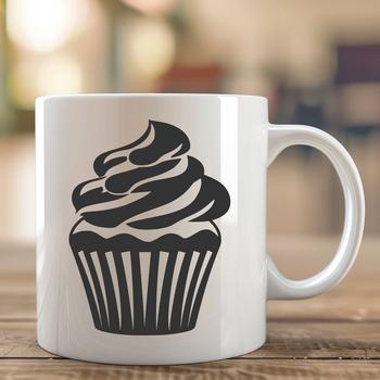 A digital illustration of a single cupcake with creamy frosting and sprinkles.