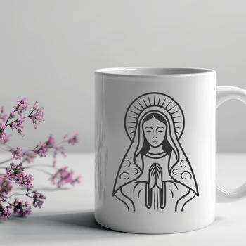 A simple line drawing illustration of the Virgin Mary in an ornate style, suitable for religious and cultural contexts.