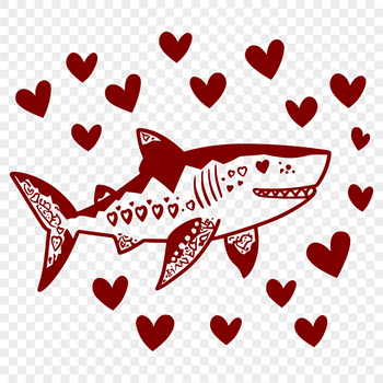 A stylized illustration of a shark featuring love hearts integrated into its design.