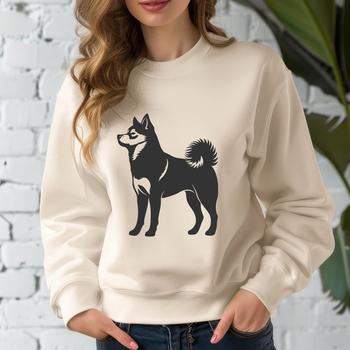 A standing dog with a distinctive fox-like face and curled tail, depicted in a simple vector design.