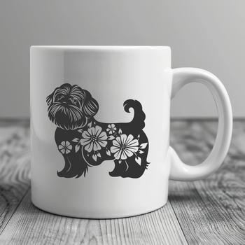 Full-body illustration of a standing Shih Tzu in front of floral elements.