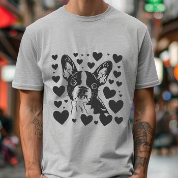 A digital illustration of a Boston Terrier dog with loving hearts around its head.