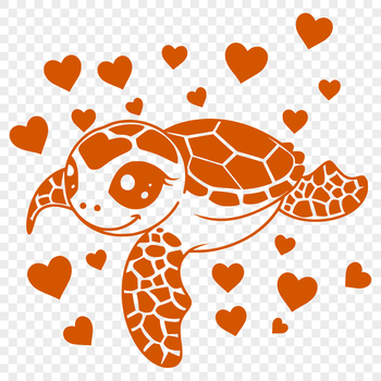 A full-body illustration of a sea turtle surrounded by love hearts.