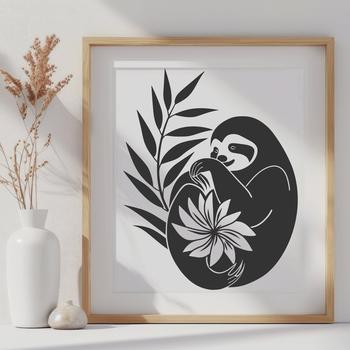 An SVG graphic featuring a sloth in a detailed, floral setting.