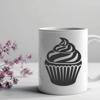 A colorful illustrated cupcake with frosting and sprinkles.