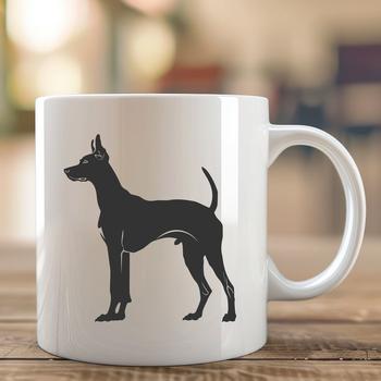 A full-body illustration of a Doberman Pinscher standing on its hind legs.