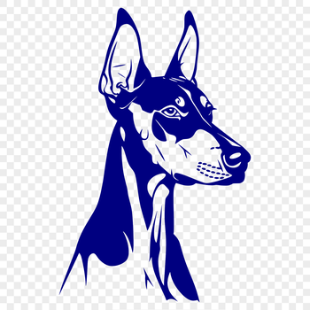 A detailed illustration of a Doberman Pinscher's head, featuring distinctive markings and facial features.
