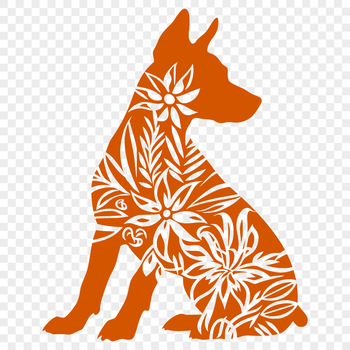 A Doberman Pinscher sitting in full-body pose with ornate floral details.