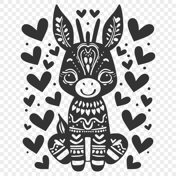 A colorful, full-body illustration of a sitting donkey surrounded by ornate love hearts.