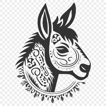 A detailed illustration of a donkey's head with ornate features.