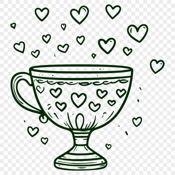 A minimalist illustration of a drinking cup with decorative love hearts around the rim.