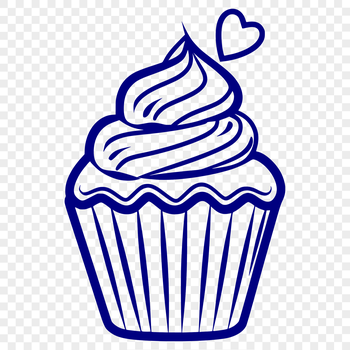 A simple line drawing of a cupcake with heart decorations, suitable for food illustrations or designs.