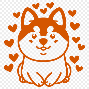 A full-body illustration of a sitting Shiba Inu dog with heart motifs surrounding it.