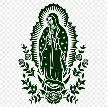 Ornate illustration of the Virgin Mary in a full-body pose, surrounded by floral patterns and symbolic details.