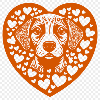 A detailed vector illustration of a Weimaraner breed dog with heart designs surrounding its body.