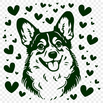 A vector illustration of a happy Welsh Corgi's head with love hearts surrounding its face.