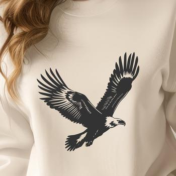 A large, detailed eagle in mid-flight, depicted from a side view with outstretched wings.