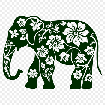 An illustration of a standing full-body elephant with ornate floral patterns.