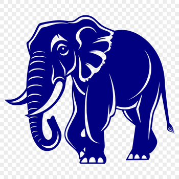 A detailed illustration of a full-body elephant standing upright with its trunk raised.