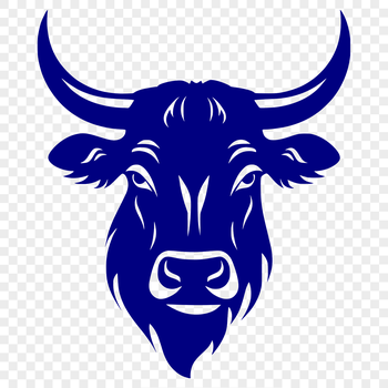 A close-up illustration of a cow's head with distinctive features.
