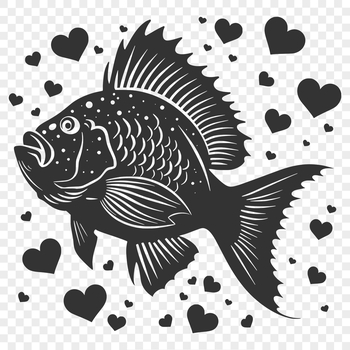 A full-body illustration of a crappie fish with love hearts surrounding it.