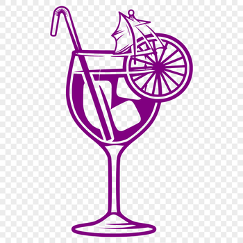 A glass containing a colorful cocktail with ice and garnishes, suitable for vector art design.