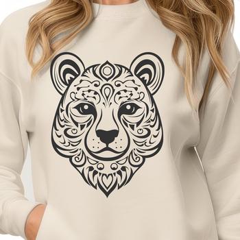 A detailed illustration of a bear's head with ornate designs surrounding the face.
