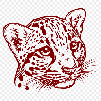 Illustration of a close-up ocelot head with detailed fur texture and markings.