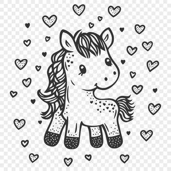 A detailed illustration of a horse's full body with love hearts incorporated into the design.