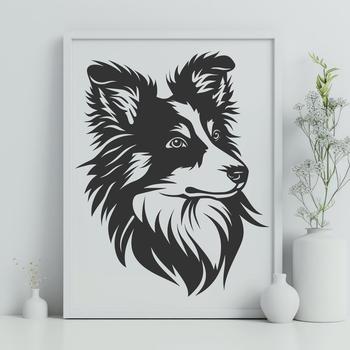 A vector illustration of a Shetland sheepdog's head with detailed facial features.