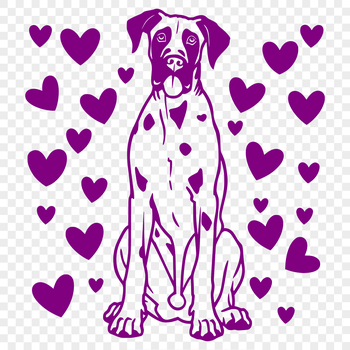 A full-body illustration of a Great Dane breed dog in a sitting position, designed with love hearts.