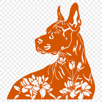 A stylized illustration of a large dog with a gentle expression.