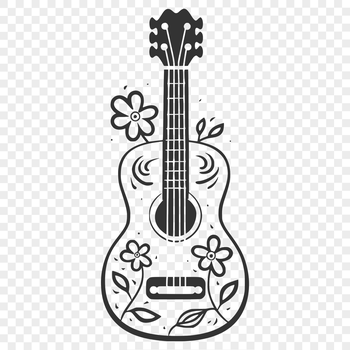 A stylized illustration of a guitar with floral elements.