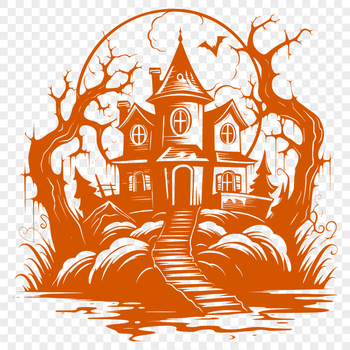 Haunted house illustration with spooky details and witchcraft elements