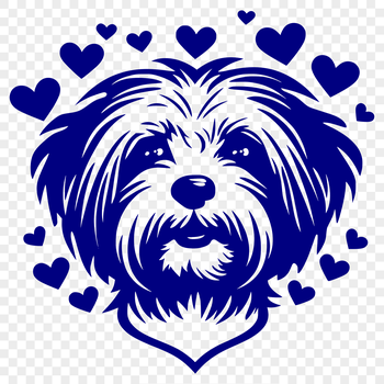 A vector illustration of a smiling Havanese dog with heart shapes surrounding its head.