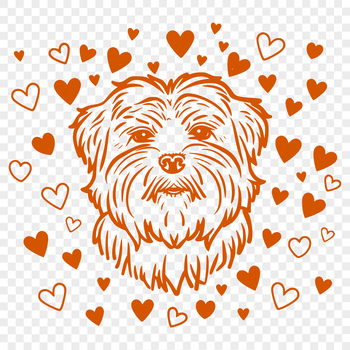 A portrait of a small breed dog with heart-shaped accessories on its head.