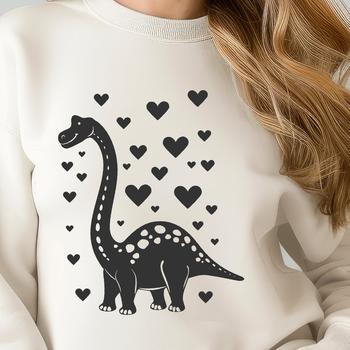 A prehistoric brachiosaurus dinosaur with love hearts on its body, depicted in a full-body SVG vector art illustration.