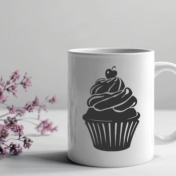 A detailed illustration of a single serving-sized cake with frosting and sprinkles, suitable for graphic design projects.