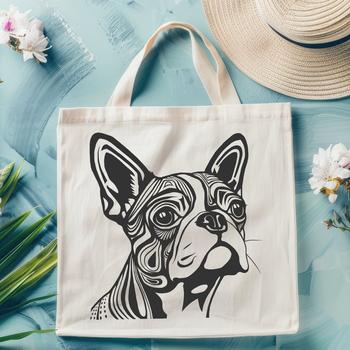 An SVG design of a Boston Terrier featuring intricate lines and curves suitable for digital use.