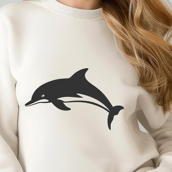 A detailed illustration of a dolphin's full body, featuring a sleek gray back and white belly.