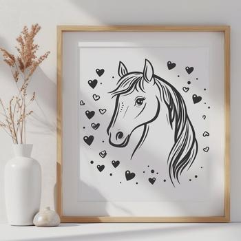 A colorful horse design featuring love hearts, suitable for vector art projects in Illustrator or Procreate.