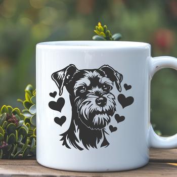 A stylized illustration of a miniature dog breed with love hearts surrounding its head.