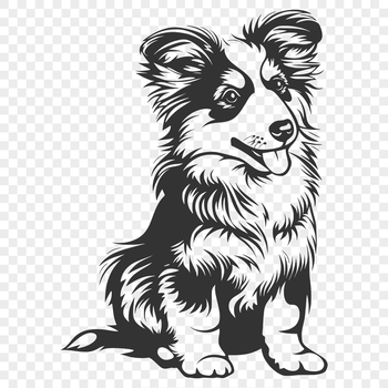 A small to medium-sized dog with a long, curved body and erect ears sits calmly on its haunches.