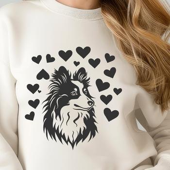 A vector illustration of a friendly Shetland sheepdog with heart shapes surrounding its head.