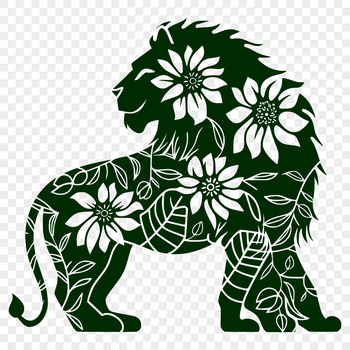 A large standing lion with a floral pattern in its mane, depicted in a simplified vector style.