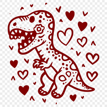 A full-body illustration of a baby dinosaur with heart symbols surrounding its body.